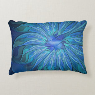 Blue Flower Fantasy Pattern, Abstract Fractal Art Decorative Cushion