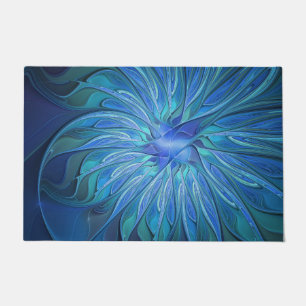 Blue Flower Fantasy Pattern, Abstract Fractal Art Doormat