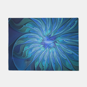 Blue Flower Fantasy Pattern, Abstract Fractal Art Doormat