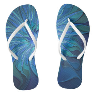 Blue Flower Fantasy Pattern, Abstract Fractal Art Flip Flops