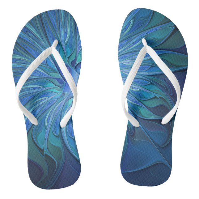 Blue Flower Fantasy Pattern, Abstract Fractal Art Flip Flops (Footbed)