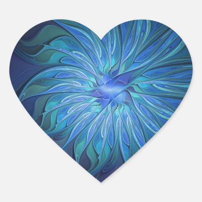 Blue Flower Fantasy Pattern, Abstract Fractal Art Heart Sticker (Front)