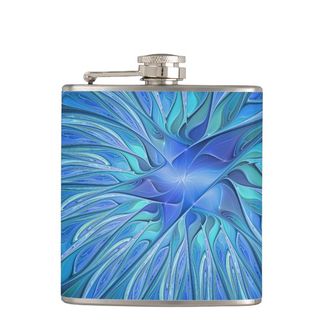 Blue Flower Fantasy Pattern, Abstract Fractal Art Hip Flask (Front)