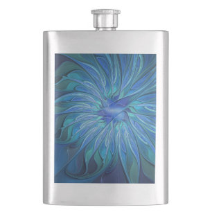 Blue Flower Fantasy Pattern, Abstract Fractal Art Hip Flask