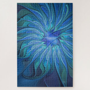 Blue Flower Fantasy Pattern, Abstract Fractal Art Jigsaw Puzzle
