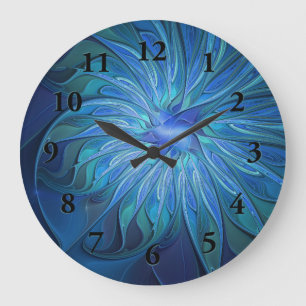 Blue Flower Fantasy Pattern, Abstract Fractal Art Large Clock