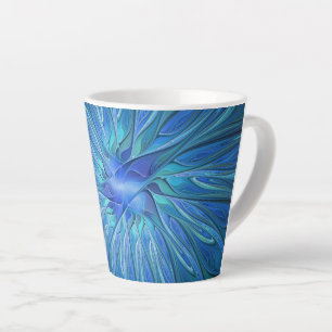 Blue Flower Fantasy Pattern, Abstract Fractal Art Latte Mug