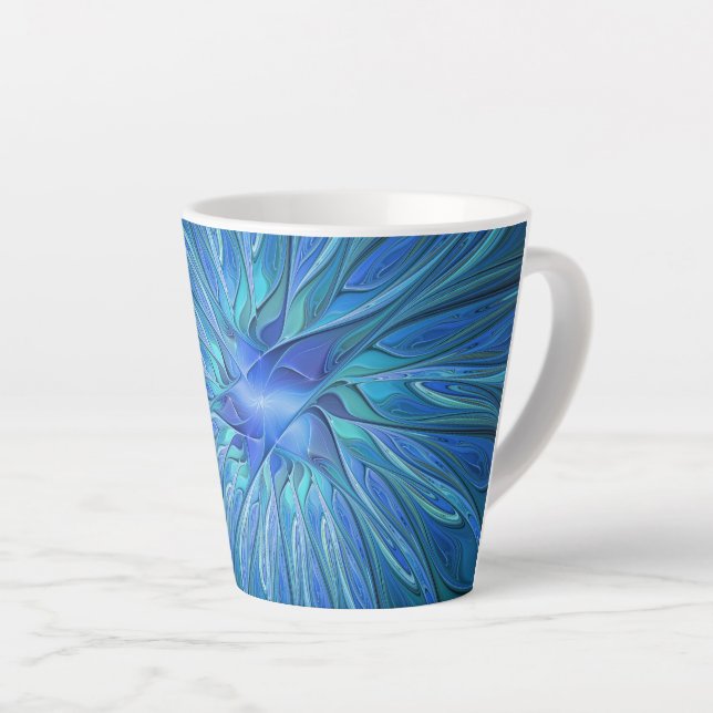 Blue Flower Fantasy Pattern, Abstract Fractal Art Latte Mug (Right Angle)