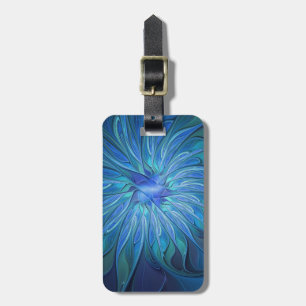 Blue Flower Fantasy Pattern, Abstract Fractal Art Luggage Tag