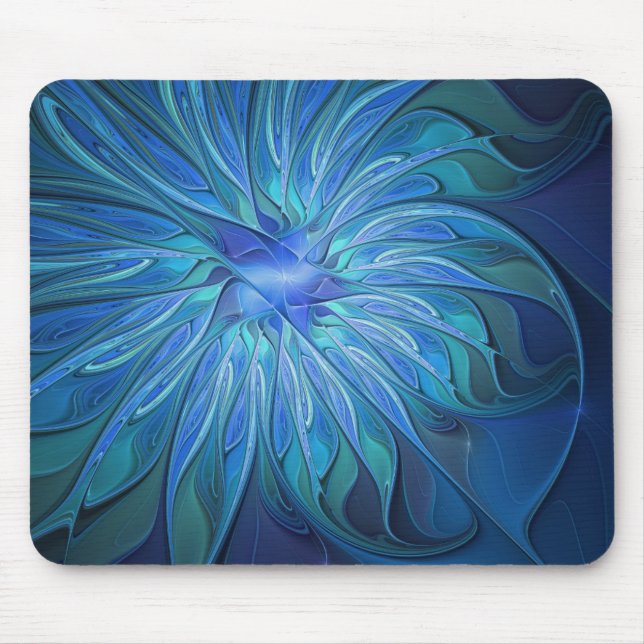 Blue Flower Fantasy Pattern, Abstract Fractal Art Mouse Mat (Front)