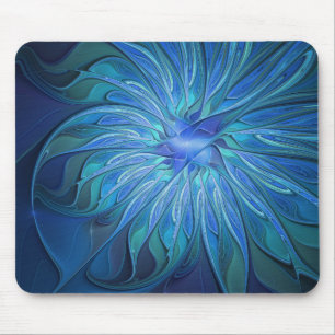 Blue Flower Fantasy Pattern, Abstract Fractal Art Mouse Mat
