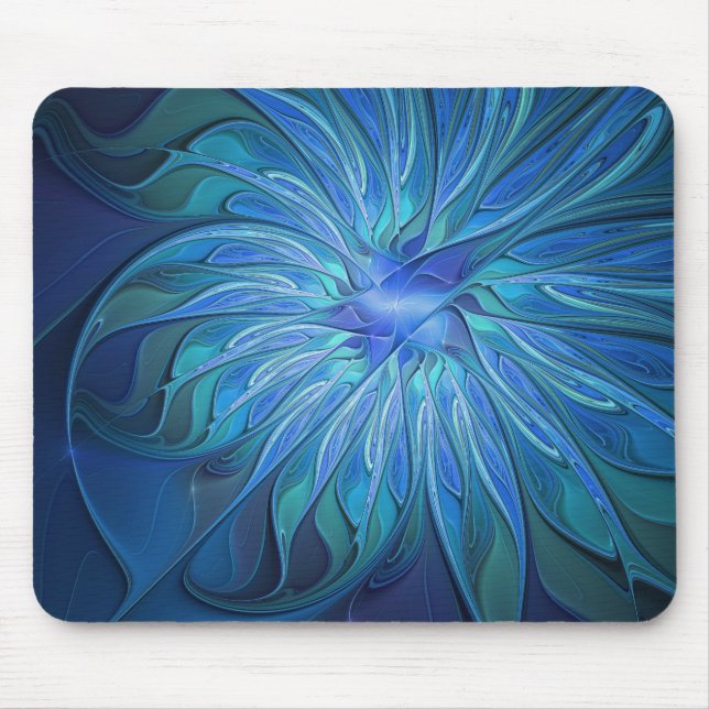 Blue Flower Fantasy Pattern, Abstract Fractal Art Mouse Mat (Front)