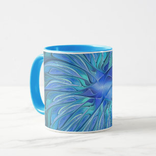 Blue Flower Fantasy Pattern, Abstract Fractal Art Mug