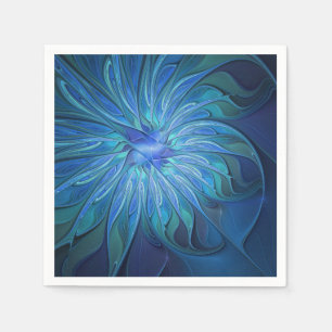 Blue Flower Fantasy Pattern, Abstract Fractal Art Napkin