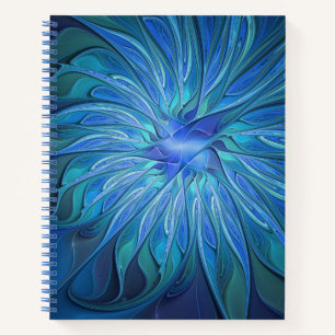 Blue Flower Fantasy Pattern, Abstract Fractal Art Notebook