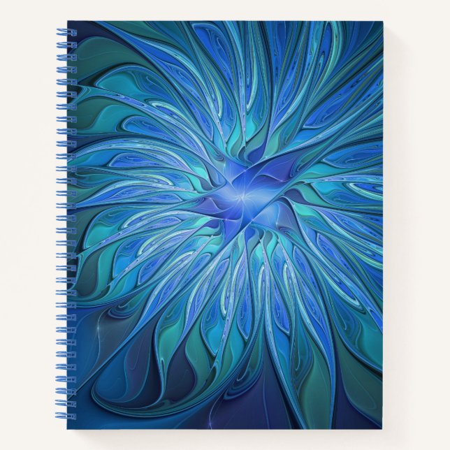 Blue Flower Fantasy Pattern, Abstract Fractal Art Notebook (Front)