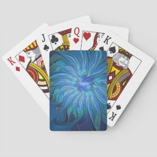 Blue Flower Fantasy Pattern, Abstract Fractal Art Playing Cards