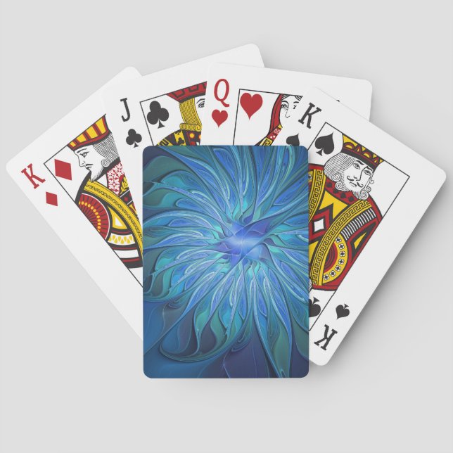 Blue Flower Fantasy Pattern, Abstract Fractal Art Playing Cards (Back)
