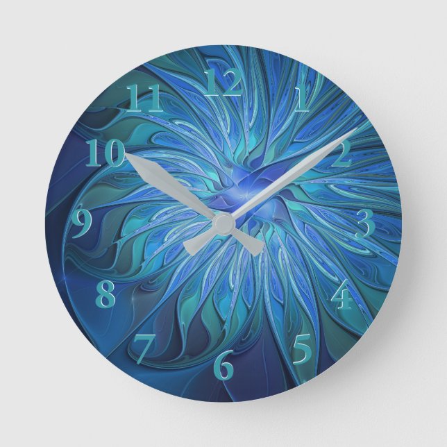 Blue Flower Fantasy Pattern, Abstract Fractal Art Round Clock (Front)