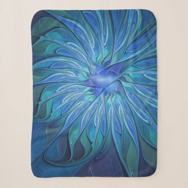 Blue Flower Fantasy Pattern, Abstract Fractal Art Sherpa Blanket (Front)