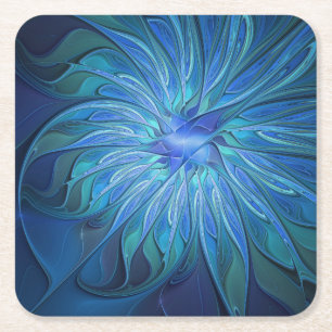Blue Flower Fantasy Pattern, Abstract Fractal Art Square Paper Coaster