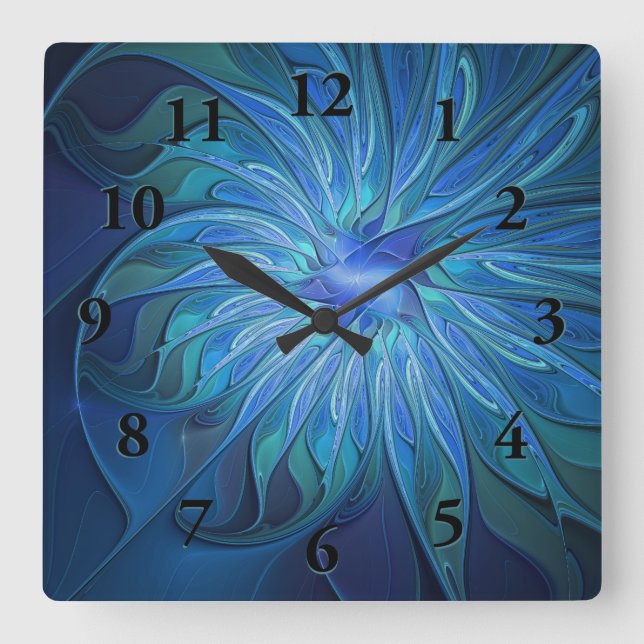 Blue Flower Fantasy Pattern, Abstract Fractal Art Square Wall Clock (Front)