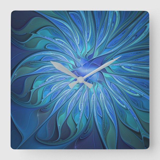 Blue Flower Fantasy Pattern, Abstract Fractal Art Square Wall Clock (Front)