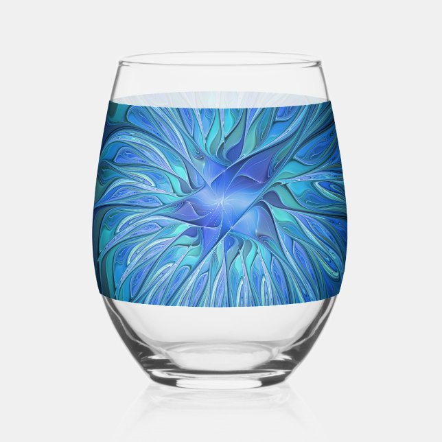 Blue Flower Fantasy Pattern, Abstract Fractal Art Stemless Wine Glass (Front)