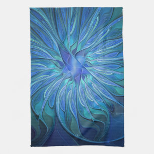 Blue Flower Fantasy Pattern, Abstract Fractal Art Tea Towel