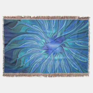 Blue Flower Fantasy Pattern, Abstract Fractal Art Throw Blanket