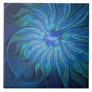 Blue Flower Fantasy Pattern, Abstract Fractal Art Tile