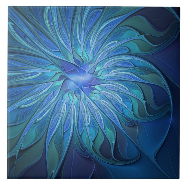 Blue Flower Fantasy Pattern, Abstract Fractal Art Tile (Front)