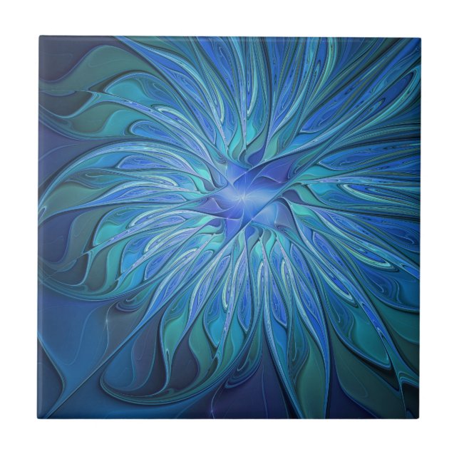 Blue Flower Fantasy Pattern, Abstract Fractal Art Tile (Front)