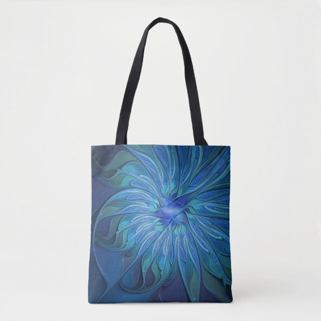 Blue Flower Fantasy Pattern, Abstract Fractal Art Tote Bag (Front)
