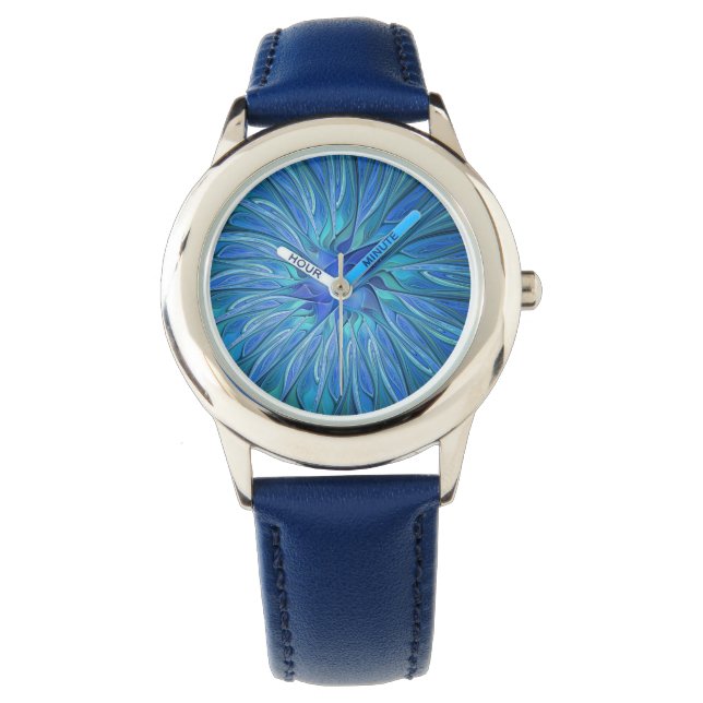 Blue Flower Fantasy Pattern, Abstract Fractal Art Watch (Front)