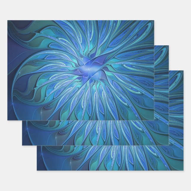 Blue Flower Fantasy Pattern, Abstract Fractal Art Wrapping Paper Sheet (Set)