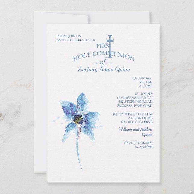 Blue Flower First Holy Communion Invitation (Front)