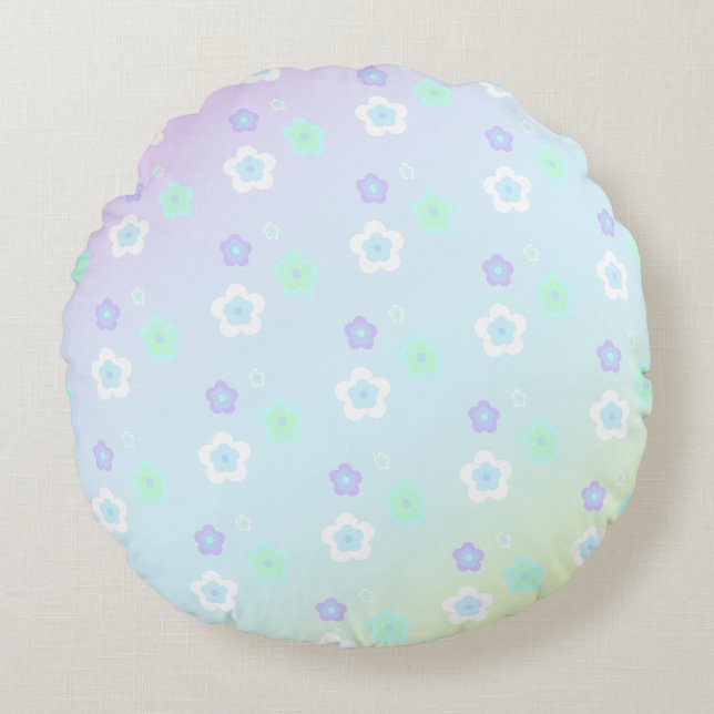 Blue Flower floral Gradient colourful Pattern Round Cushion (Front)