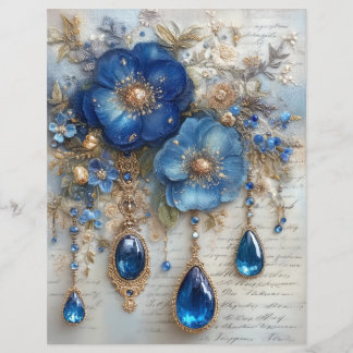 Blue Flower Gems Junk Journal Scrapbook Paper