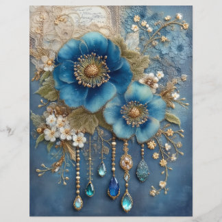 Blue Flower Gems Junk Journal Scrapbook Paper