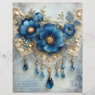 Blue Flower Gems Junk Journal Scrapbook Paper