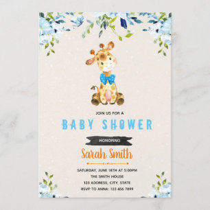Blue flower giraffe theme invitation