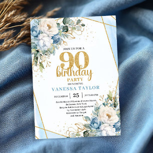 Blue Flower Gold Accent 90th Birthday Party Invite