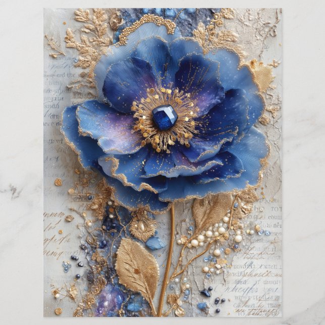 Blue Flower Junk Journal Scrapbook Paper (Front)