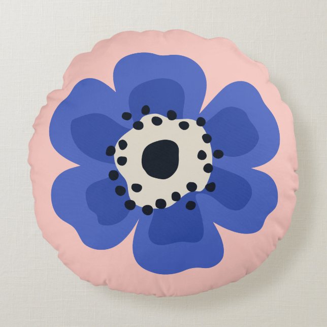 Blue flower light pink round cushion (Front)