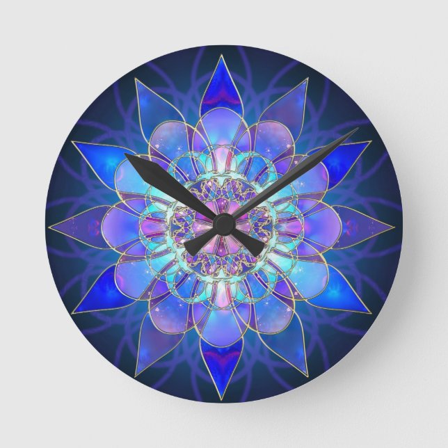 Blue Flower Mandala Fractal Round Clock (Front)
