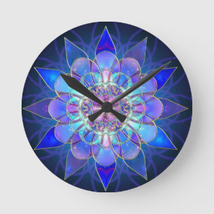 Blue Flower Mandala Fractal Round Clock