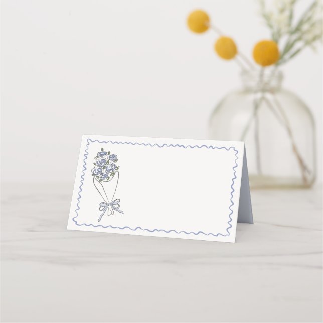 Blue Flower Market Fresh Floral Folded Place Card (Front)