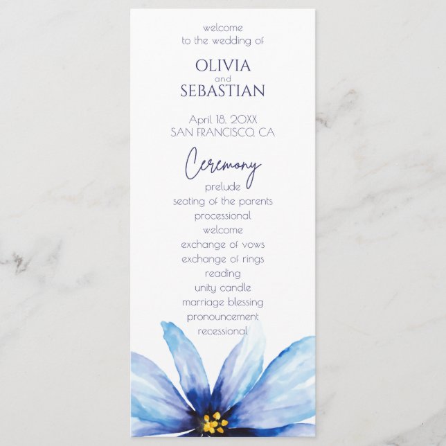 Blue Flower Minimalist elegant wedding Programme (Front)