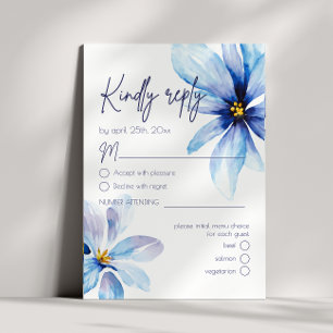 Blue Flower Minimalist Menu Choice Wedding RSVP